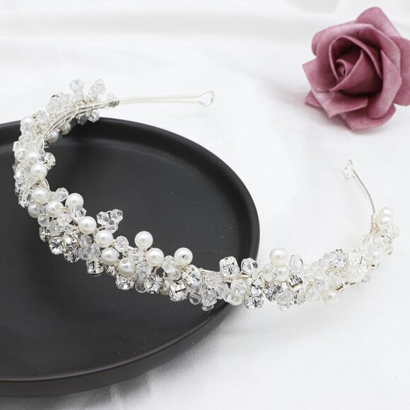 Bridal Headband Pearl Crystal Tiara for Women Wedding Hair Accessory - Picture 6 of 6
